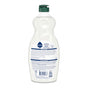 Back view of a Seventh Generation Dish Soap bottle with a green cap, showcasing its eco-friendly, fragrance-free, septic-safe features and 100% natural ingredients. The semi-transparent bottle reveals the liquid inside.
