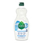 A 19 fl oz Seventh Generation Dish Soap bottle with a green flip-top cap features the brand logo, leaves, a blue cloud design, and Clean with Purpose. Its fragrance-free, septic-safe, and displays the USDA Certified Biobased Product and Leaping Bunny logos.
