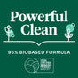 A green background features white text saying Powerful Clean and 95% Biobased Formula. The USDA Certified Biobased Product logo is displayed, affirming the USDA-certified biobased status of Seventh Generations Liquid Dish Soap. Plant icons enhance its natural appeal.