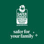 A green background features a white logo of a house, leaves, and people labeled SAFER CHOICE Meets U.S. EPA Safer Product Standards with a website link. Below, in white text: safer for your family with sparkles, ideal for Seventh Generations USDA-certified biobased Dish Soap.