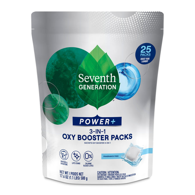 The packaging of Seventh Generations 3-in-1 Laundry Oxy Booster Packs features green and blue circles with a leaf motif, emphasizing its stain removal power. Inside are 25 fragrance-free packs, totaling 17.6 oz (500g), ensuring superior laundry care.
