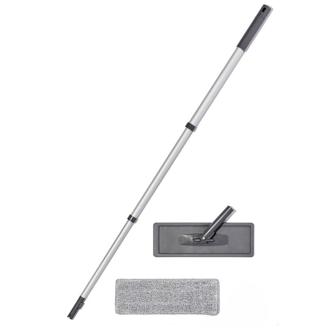 The Grove Co. Compact Microfiber Mop is shown, featuring a gray adjustable telescopic handle. It includes a rectangular base with a swivel joint and a detachable microfiber pad, crafted from recycled materials for efficient cleaning.
