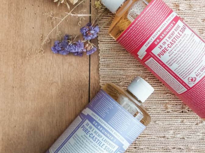 Photo of two bottles of Dr. Bronner's castille soap