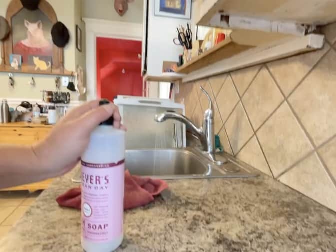 a hand on a bottle of Mrs. Meyer's Dish Soap filling a kitchen sink with water.