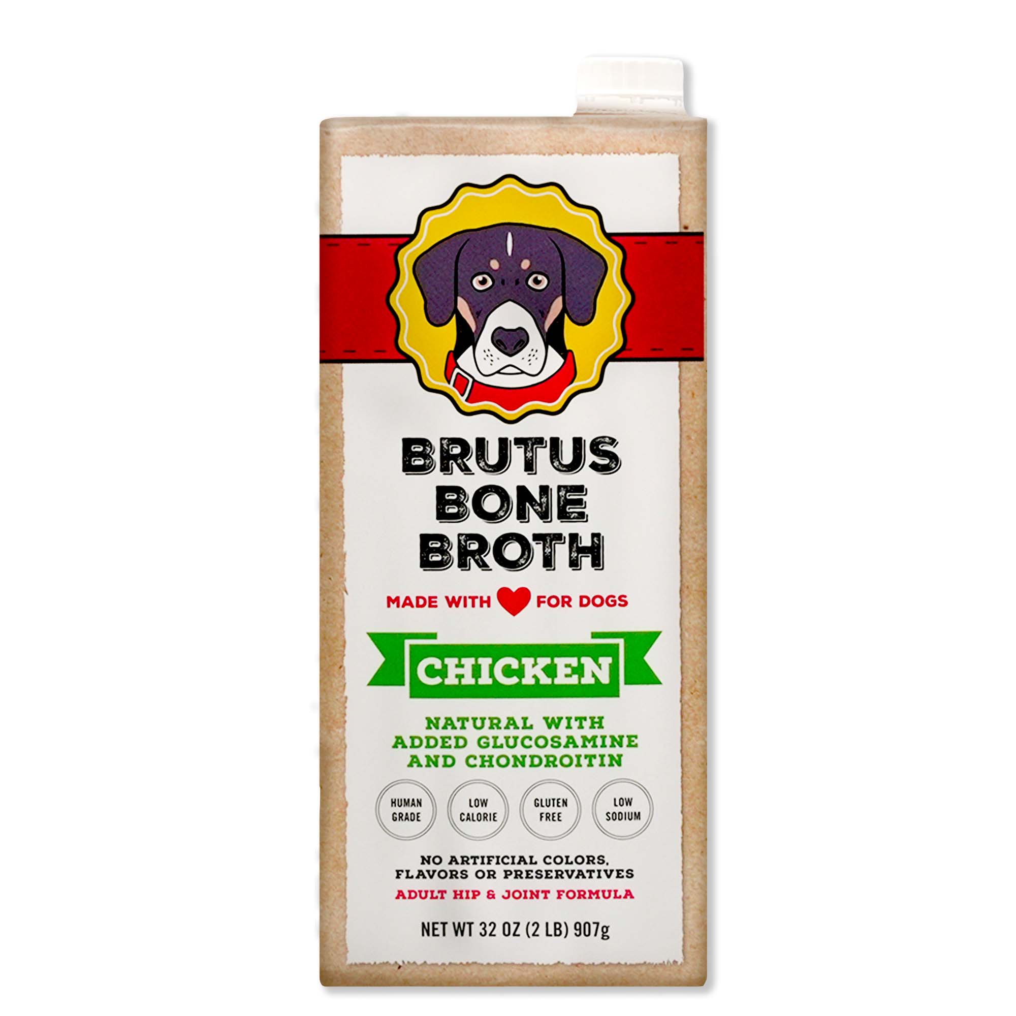 Brutus Bone Broth Hip & Joint by Brutus Broth features a cartoon dog face on the label. This all-natural, chicken-flavored broth is low sodium, gluten-free, hormone-free, and low calorie. Crafted for hip and joint health, it includes glucosamine and chondroitin.