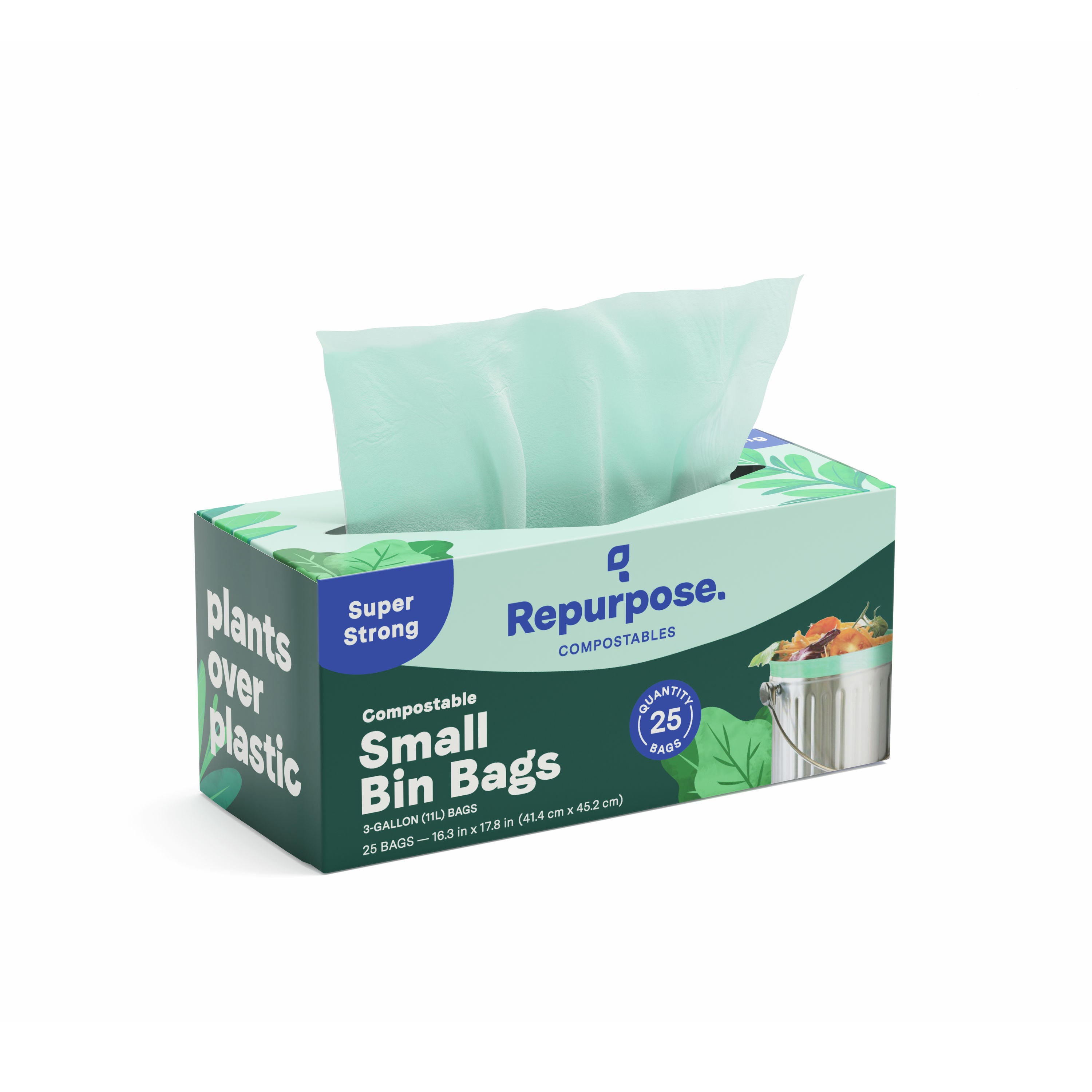 Repurpose Compostable Food Scrap Bags feature a green leafy design with text: Super Strong, Plants over plastic, and Compostable. The box, illustrated with a food scrap bin, contains 25 non-toxic bags that are Earth-friendly.