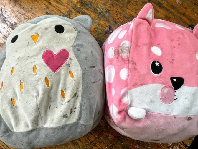 Photo of two dirty stuffed animals