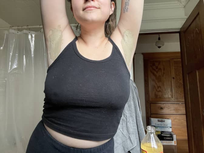 Image of writer with arm pit mask on