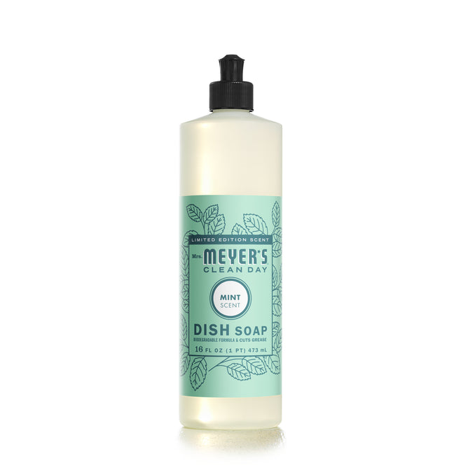Mrs. Meyers Dish Soap in mint scent features a garden-inspired label with mint leaves, highlighting its cruelty-free formula. The 16 fl oz bottle includes a convenient black flip-top cap.