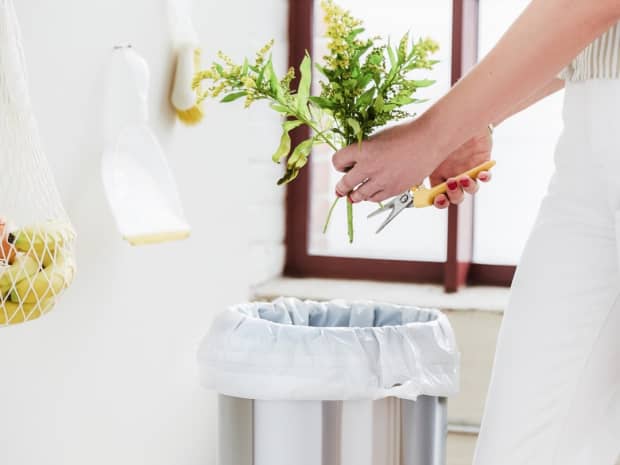 Image of someone cutting plants into a trash can.