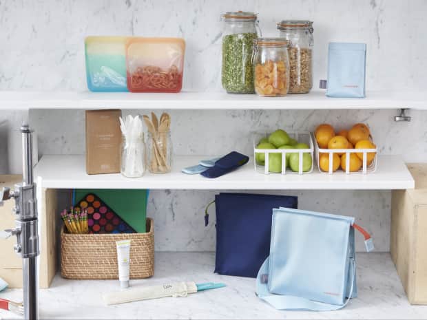 plastic free pantry with glass jars and silicone containers