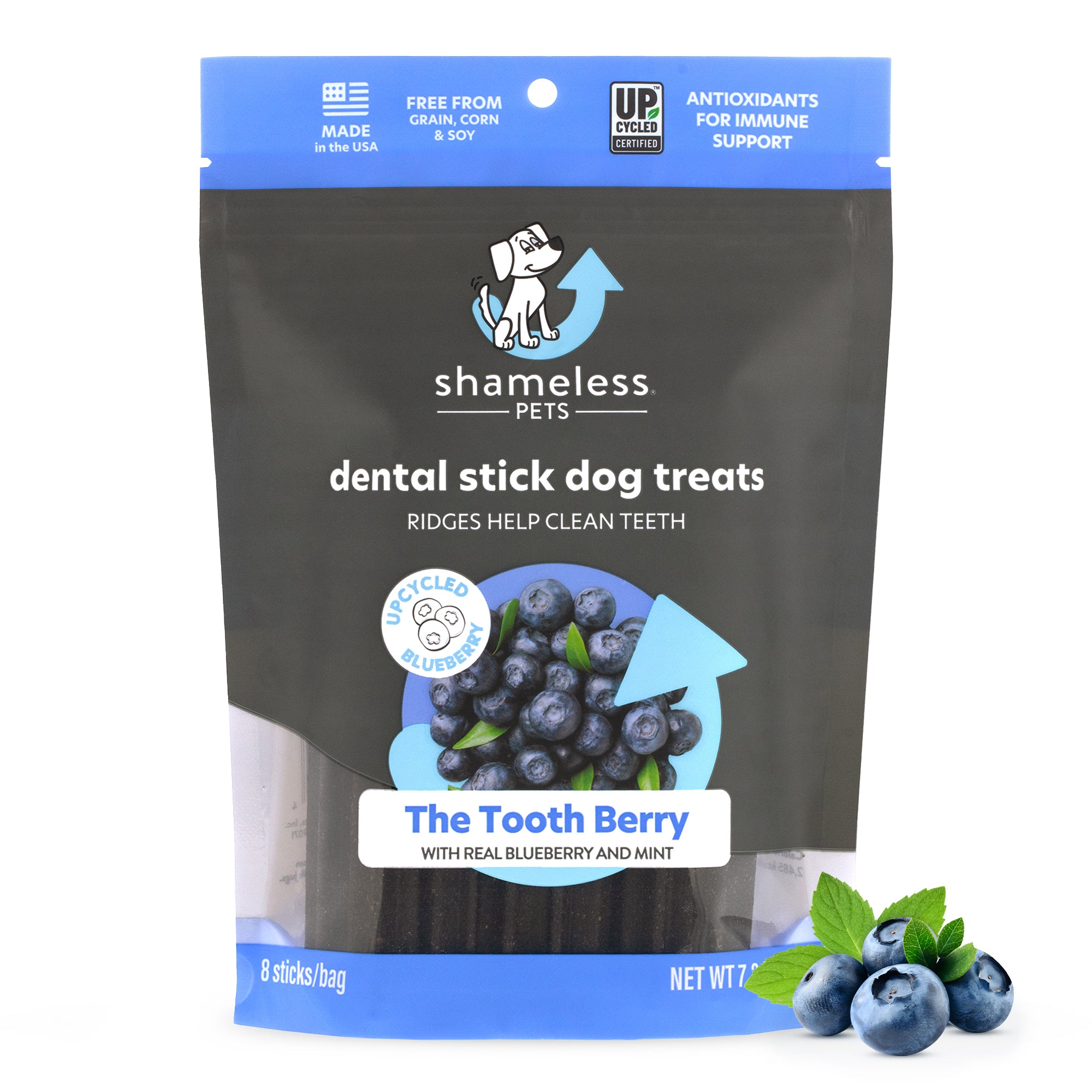 Shameless Pets The Tooth Berry Dental Stick, in a blue package, features blueberries and mint and offers benefits like being grain-free, corn-free, soy-free, and rich in antioxidants for immune support—ideal for dog dental care.