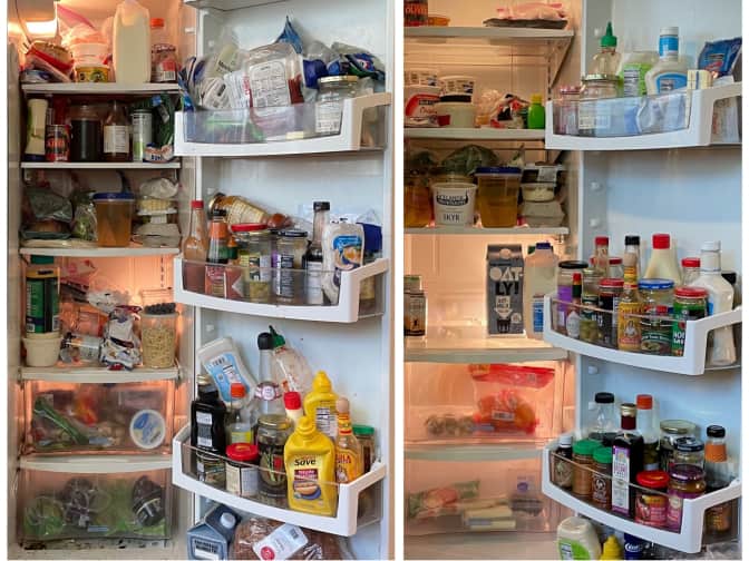 a double photo collage of an open refrigerator with a messy before and a clean after