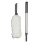 On a white background, the Grove Co. Compact Duster is displayed with a fluffy white duster, gray universal handle, and an extendable silver pole with a gray grip, highlighting its replaceable duster head and detachable parts.
