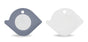 Two recycled plastic, flat Pentagon-shaped Power Couple Pan Scrapers by Full Circle are shown. One is gray with a NON-STICK label, and the other is white. These scrapers have circular centers and a top hole for easy storage without scratching surfaces.