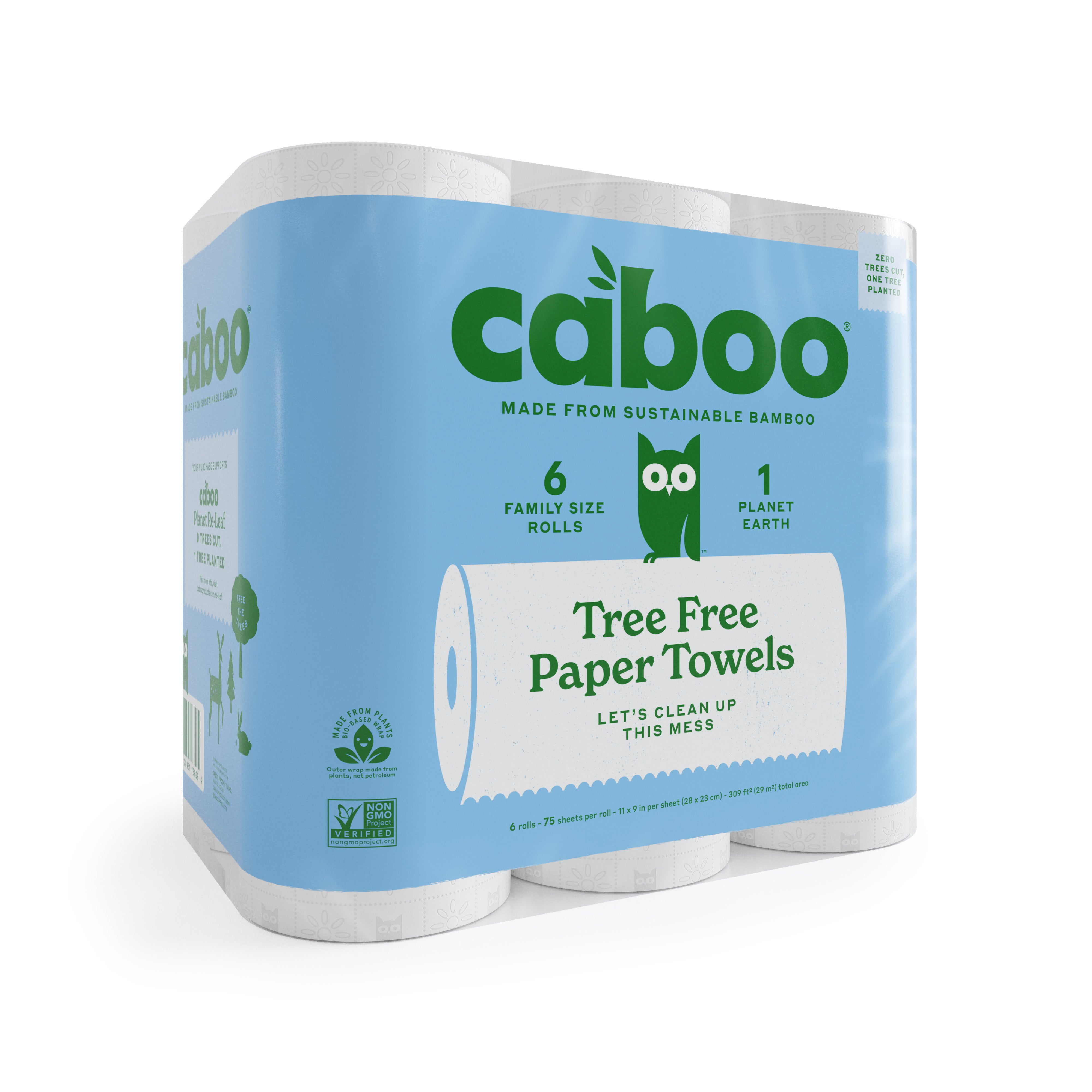 Caboos paper towels are made from sustainable bamboo. The blue package features 6 family size rolls, an owl logo, and the slogan Lets clean up this mess. Ideal for eco-friendly households, these tree-free towels offer 75 sheets per roll.