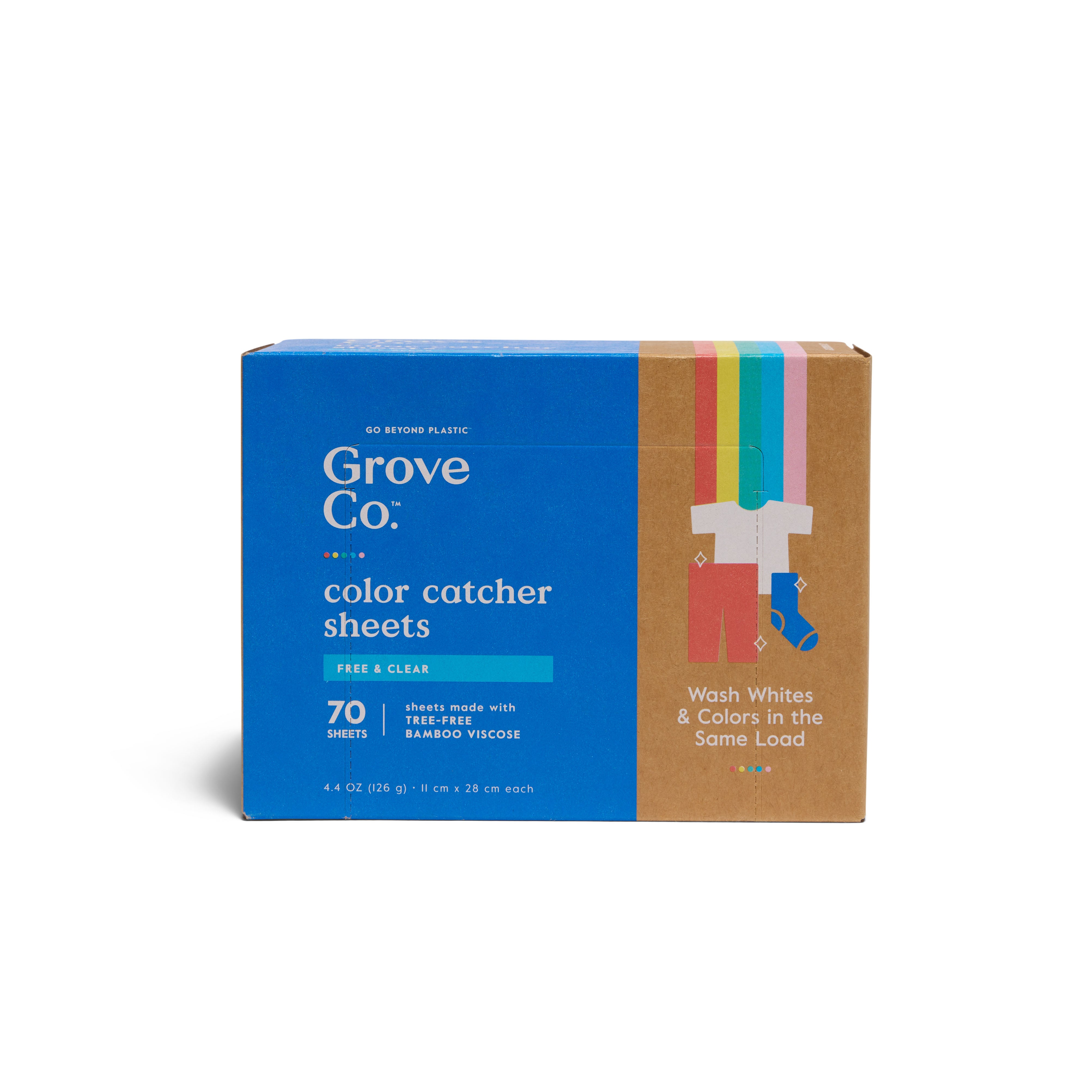 Grove Co. Color Catching Laundry Sheets come in a blue and brown box labeled with 70 sheets and free & clear. The packaging features colorful clothes on a line, highlighting tree-free washing that harmonizes whites and colors.