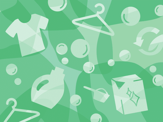 Illustration of a t-shirt, hanger, detergent container and bubbles with a green background. 