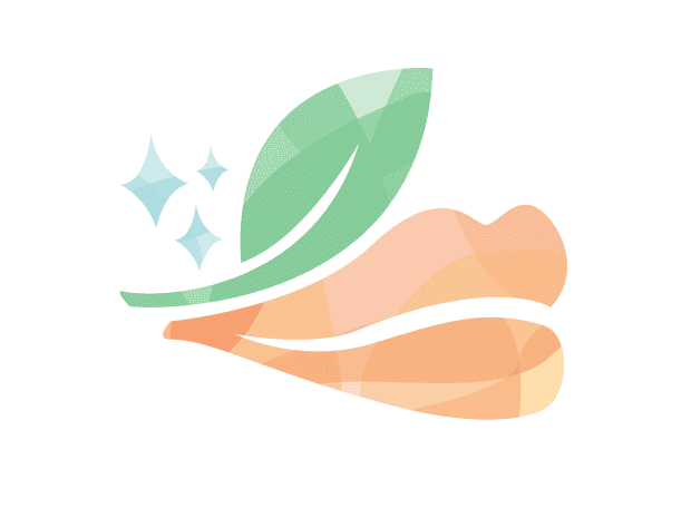Illustration of red-orange lips with a green leaf over the top lip and blue sparkles