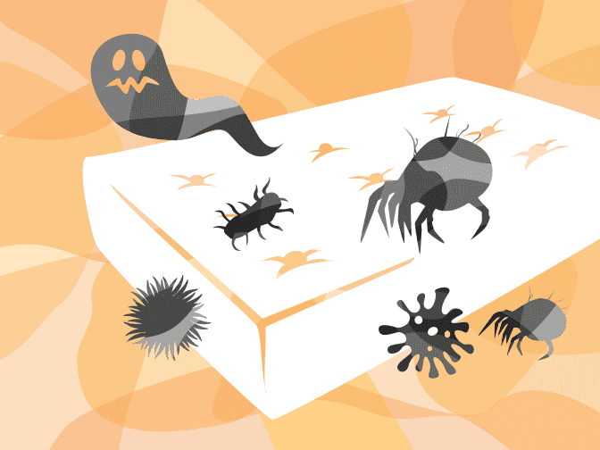 Illustration of a mattress with a ghost and bacteria
