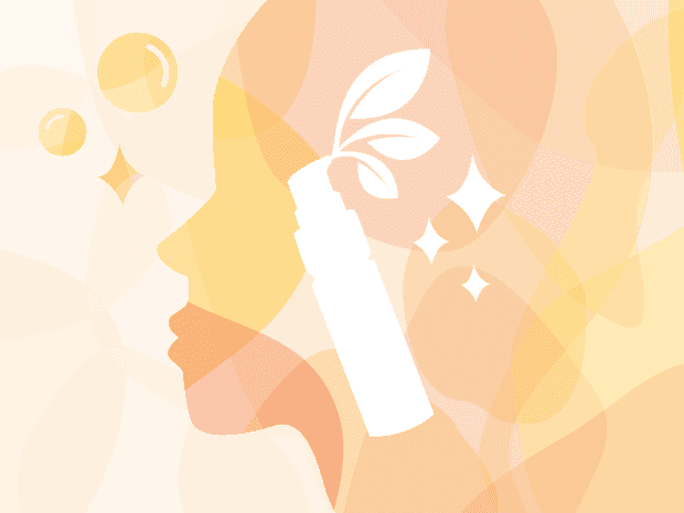 Illustration of woman's face in profile with serum bottle over the face