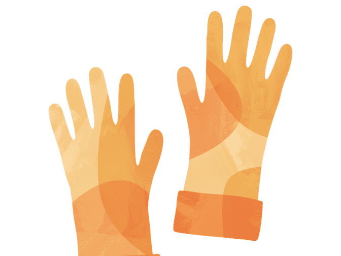Illustration of two orange gloves to wear while cleaning baby toys.