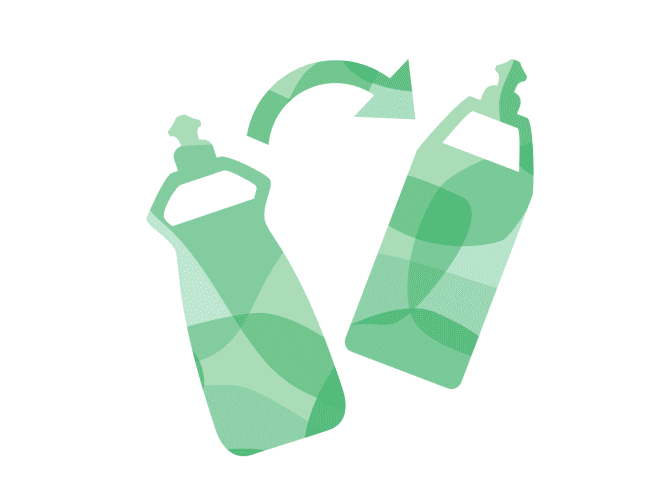 Green illustration of cleaning products with arrow pointing from one to the other 
