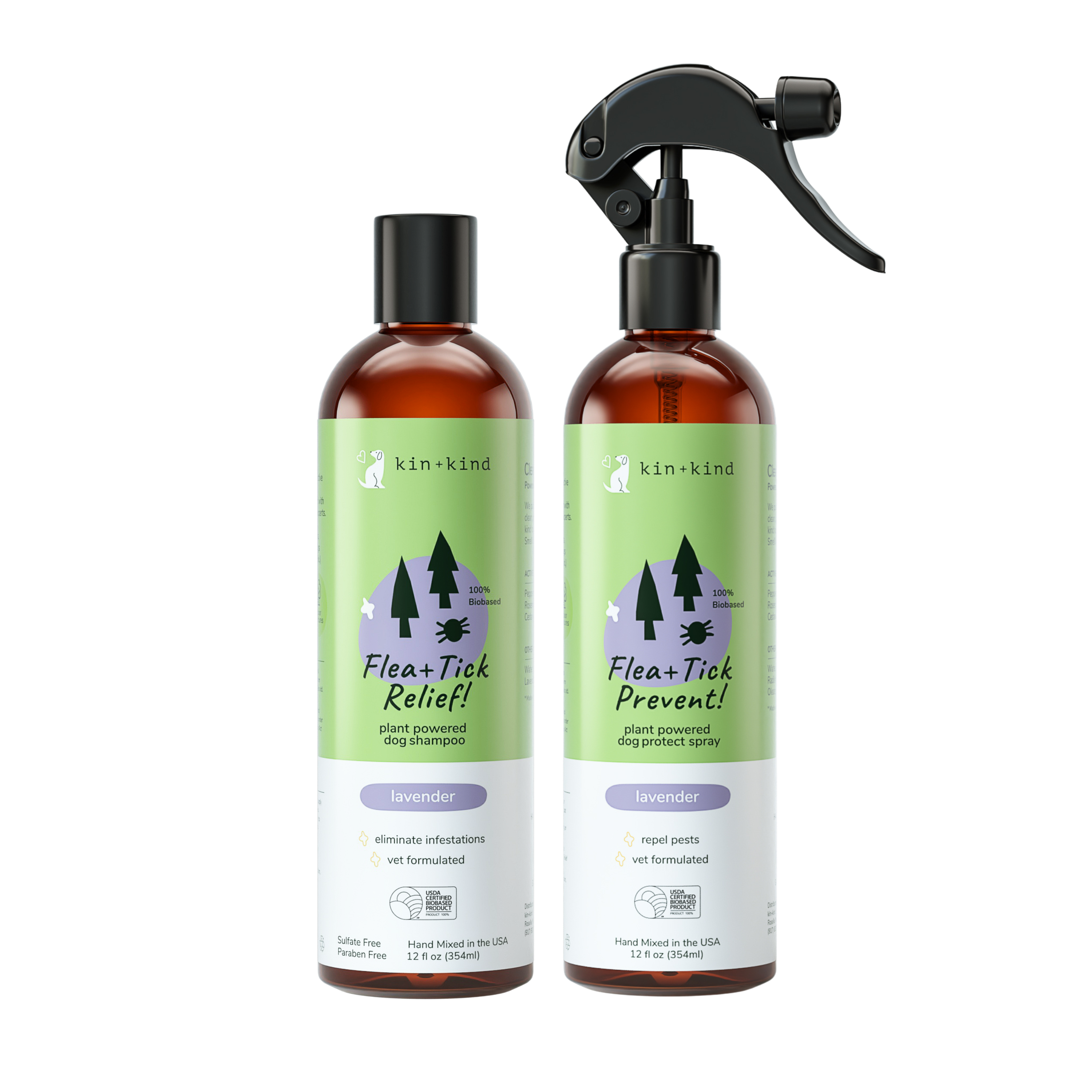 Two amber bottles of kin+kinds Flea | Tick Pet Shampoo & Spray Set, with lavender labels, stand side by side. One is a shampoo and the other is a spray, both vet-formulated with plant-powered organic ingredients and a soothing lavender scent.