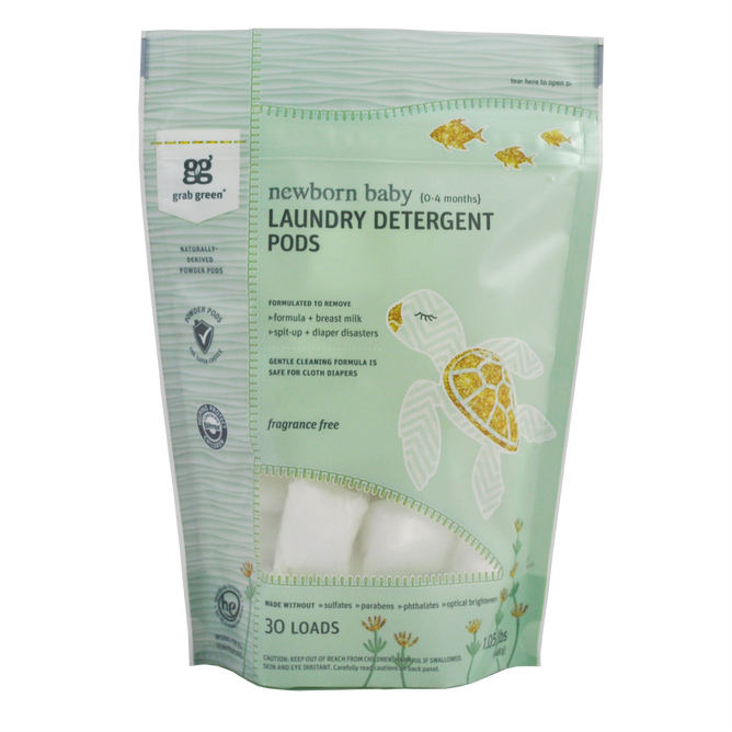 The Newborn Laundry Detergent Pods (Gift) by grab green comes in a standing pouch with a light green design featuring turtle and fish illustrations. This paraben-free detergent is ideal for babies 0-4 months, providing gentle, fragrance-free cleaning for 30 loads.