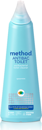 A blue bottle of method Toilet Cleaner with a white cap features a refreshing spearmint scent. It claims to kill 99.9% of household germs, boosted by citric acid for cleaning power. Keep it away from children.
