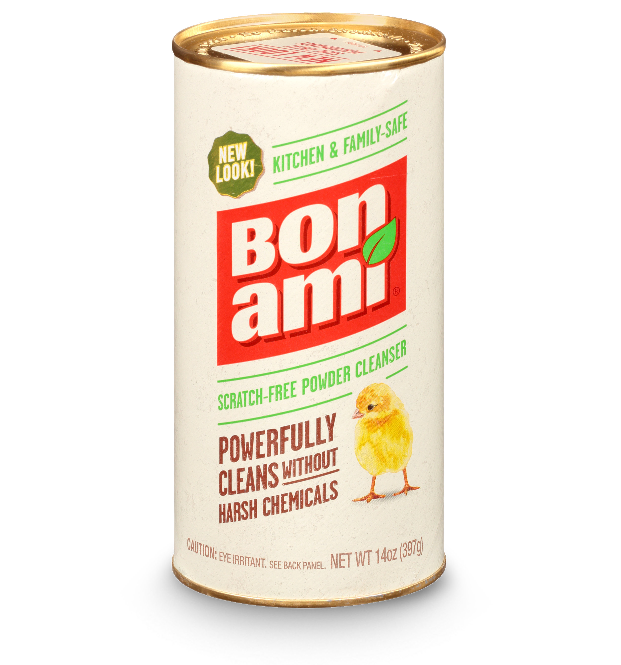 The Bon Ami Powder Cleanser comes in a cylindrical container, featuring a yellow chick illustration. Its label highlights Scratch-Free, Kitchen & Family Safe, and Powerfully Cleans Without Harsh Chemicals. Made with sustainable agents, the cleanser weighs 14 oz (397g).