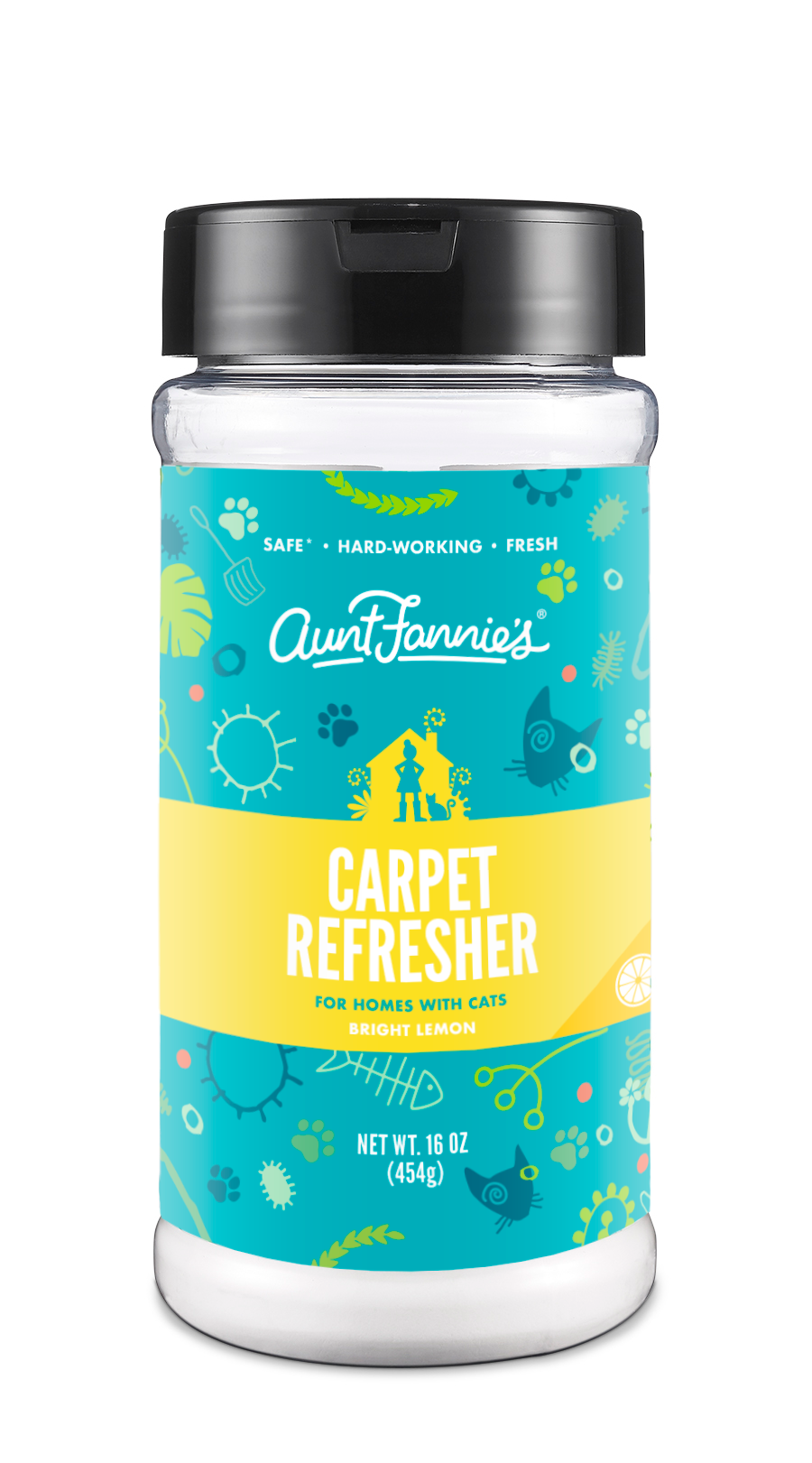 Aunt Fannies Carpet Refresher for Cats comes in a 16 oz (454g) cylindrical container, featuring a bright lemon scent that neutralizes odors. The blue and yellow label has images of a cat and various shapes, making it ideal for freshening up cat beds.